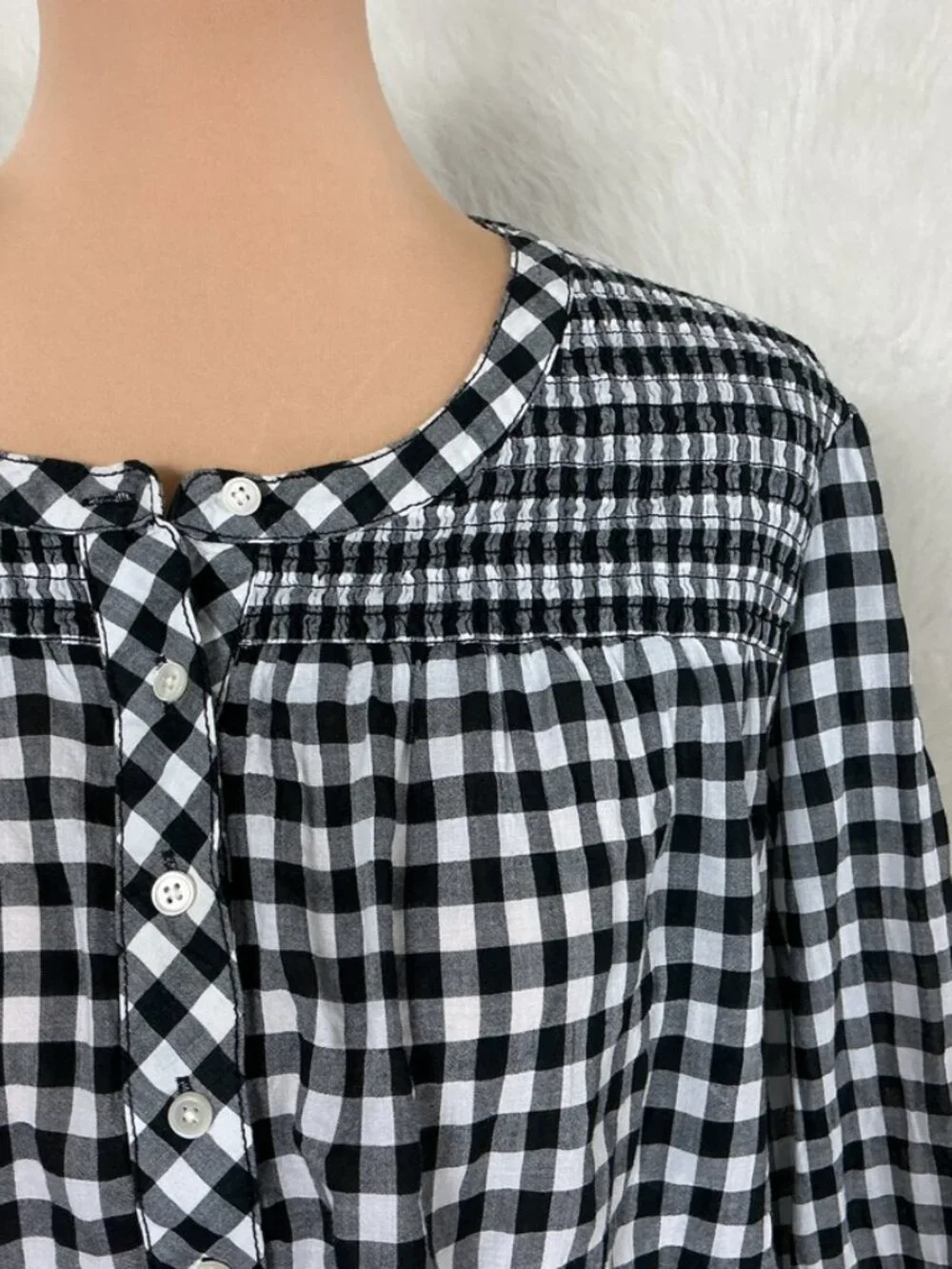 J. Crew Black & White Crinkle Gingham Plaid Smocked Popover Top Plus Size 3X